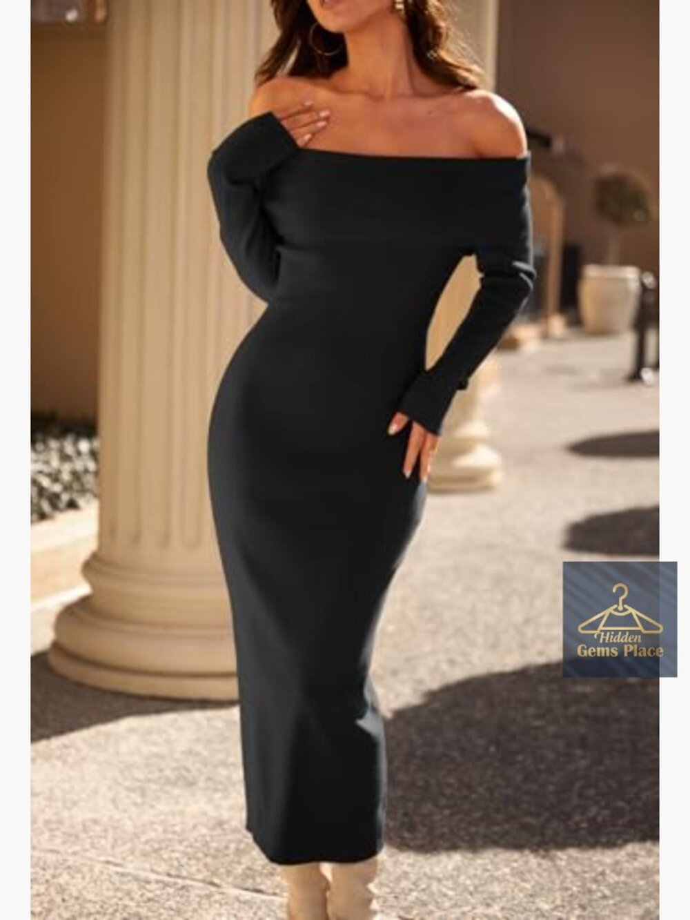 Long Sleeve Bodycon Sweater Dress Off Shoulder Midi Formal Party - Picture 6 of 7